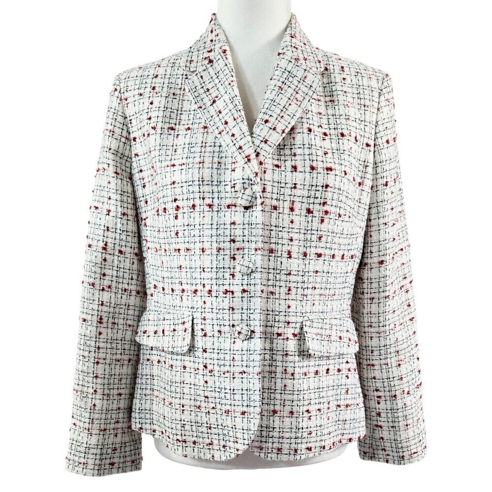 Vintage Ann Taylor White Dotted Plaid Lightweight Tweed Blazer Preppy PETITE